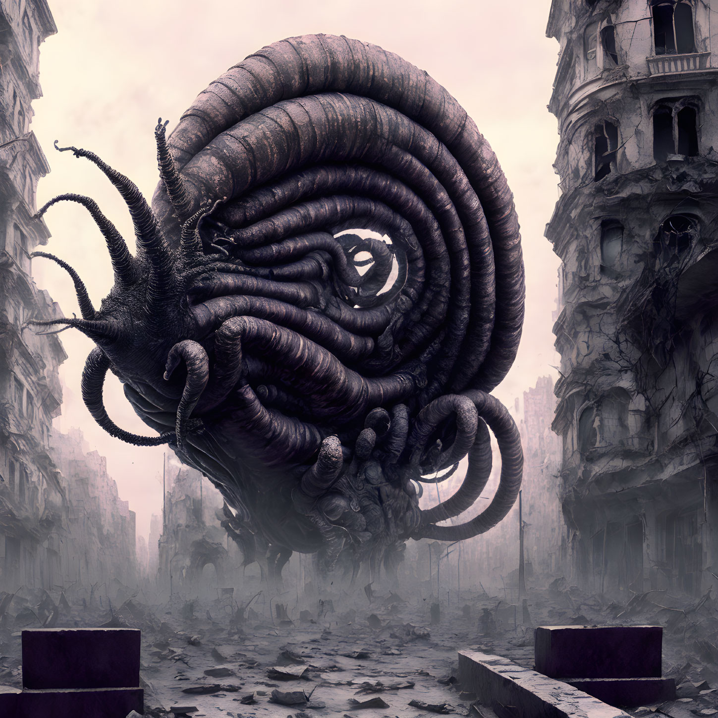 Monstrous tentacled creature in desolate ruined cityscape