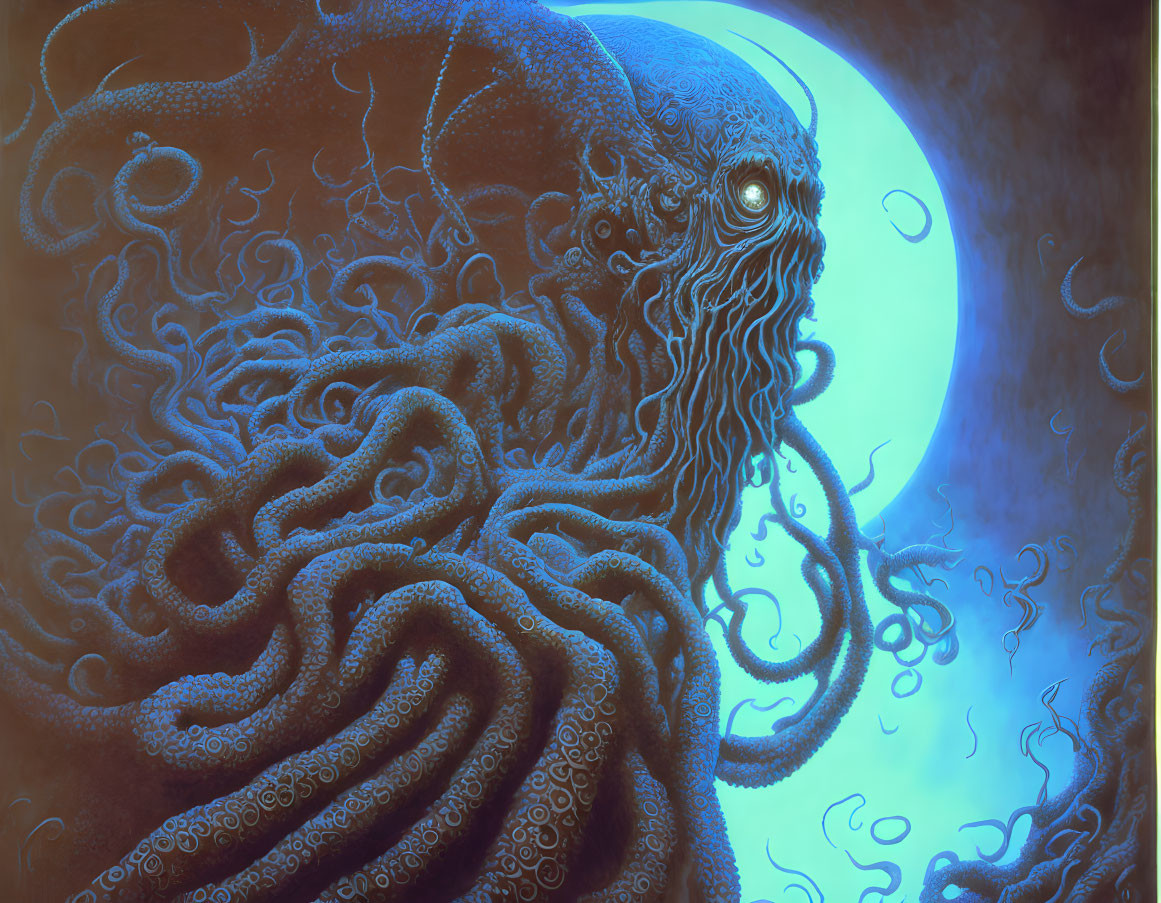 Colorful Octopus-Like Creature with Intricate Tentacles on Blue Moon Background