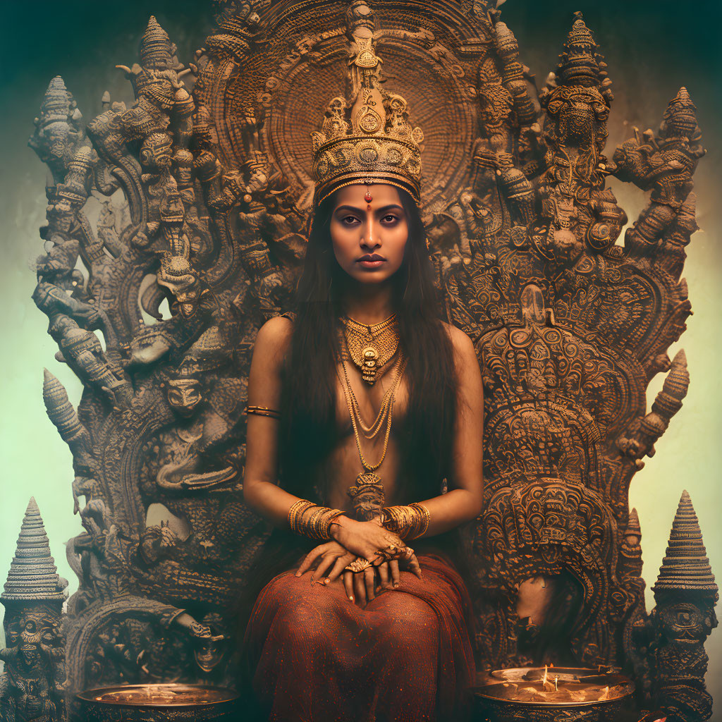 Traditional Indian Adorned Woman in Front of Ornate Temple-like Backdrop