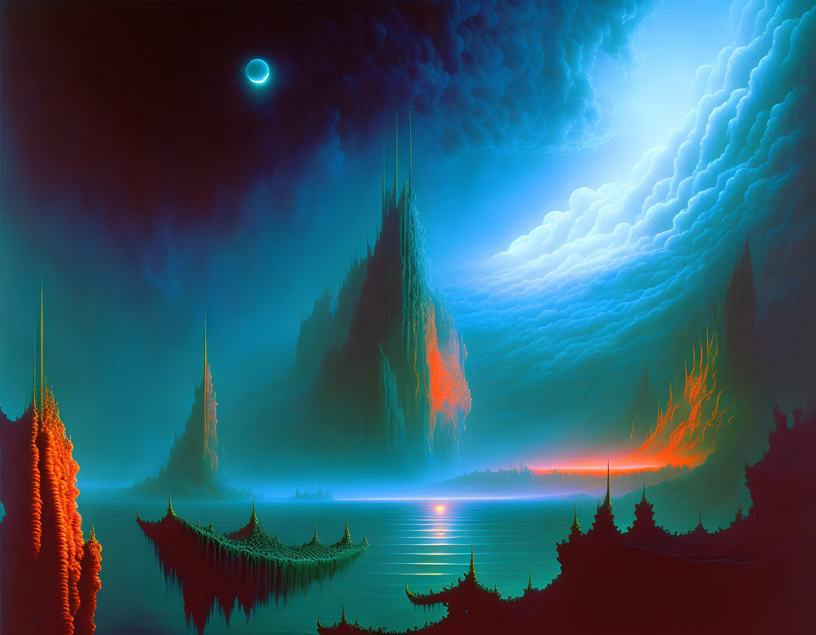 Vibrant surreal landscape with spire-like formations and eclipse moon