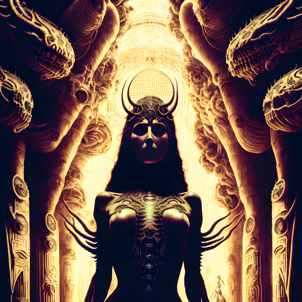 Surreal artwork of woman with horns and golden patterns among serpentine entities