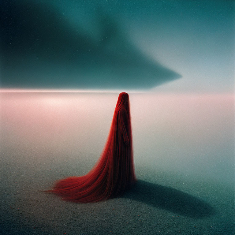 Long Red-Haired Figure on Serene Dusky Beach with Dark Clouds