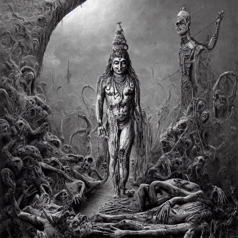 Monochrome fantasy art of mystical figure with multiple arms and skeletal entity in twisted landscape