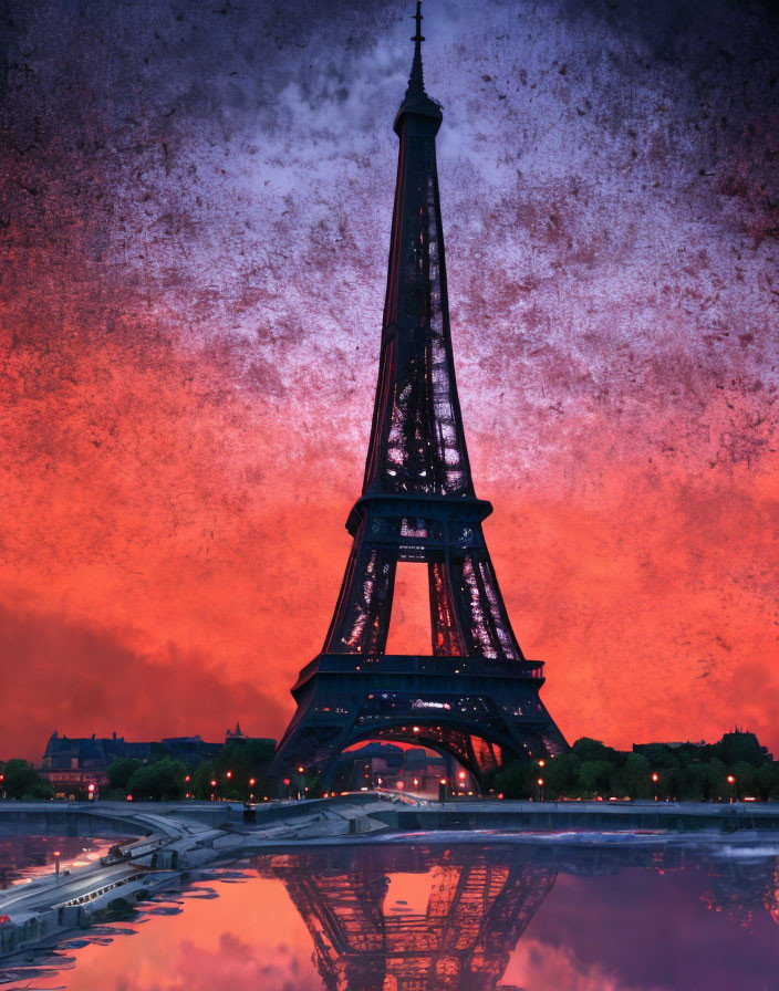 Iconic Eiffel Tower silhouette at sunset over calm water