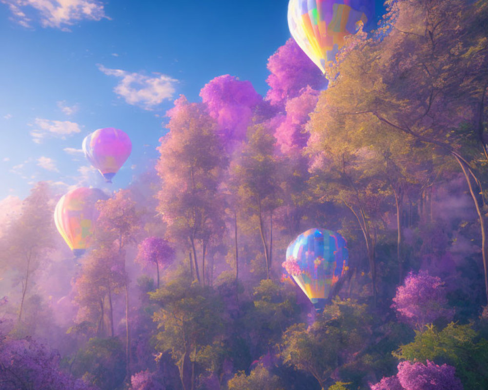 Colorful hot air balloons over dreamy purple forest in soft sunlight