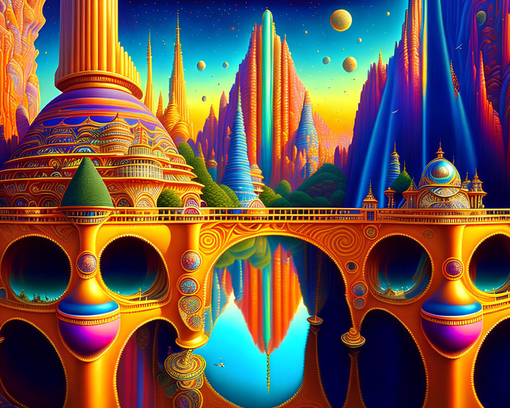 Fantastical landscape with golden structures and moons