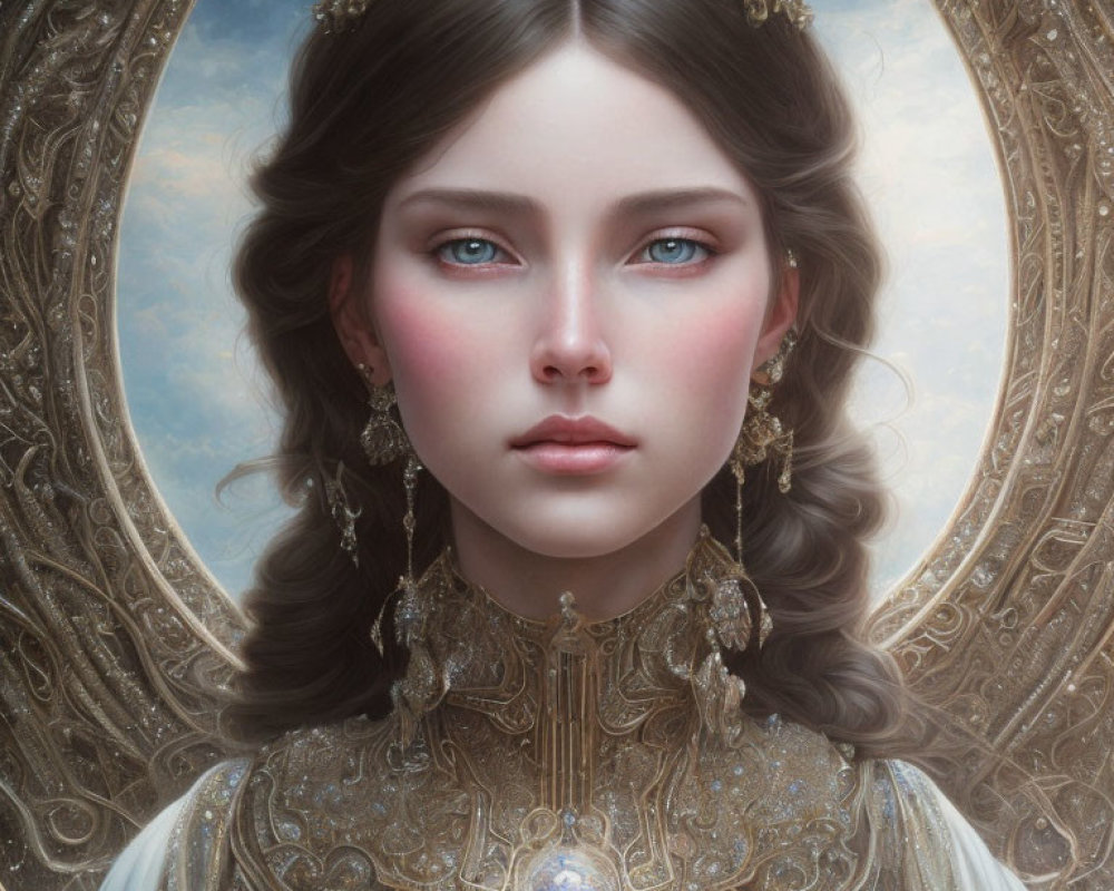 Portrait of woman with blue eyes and golden jewelry in circular frame