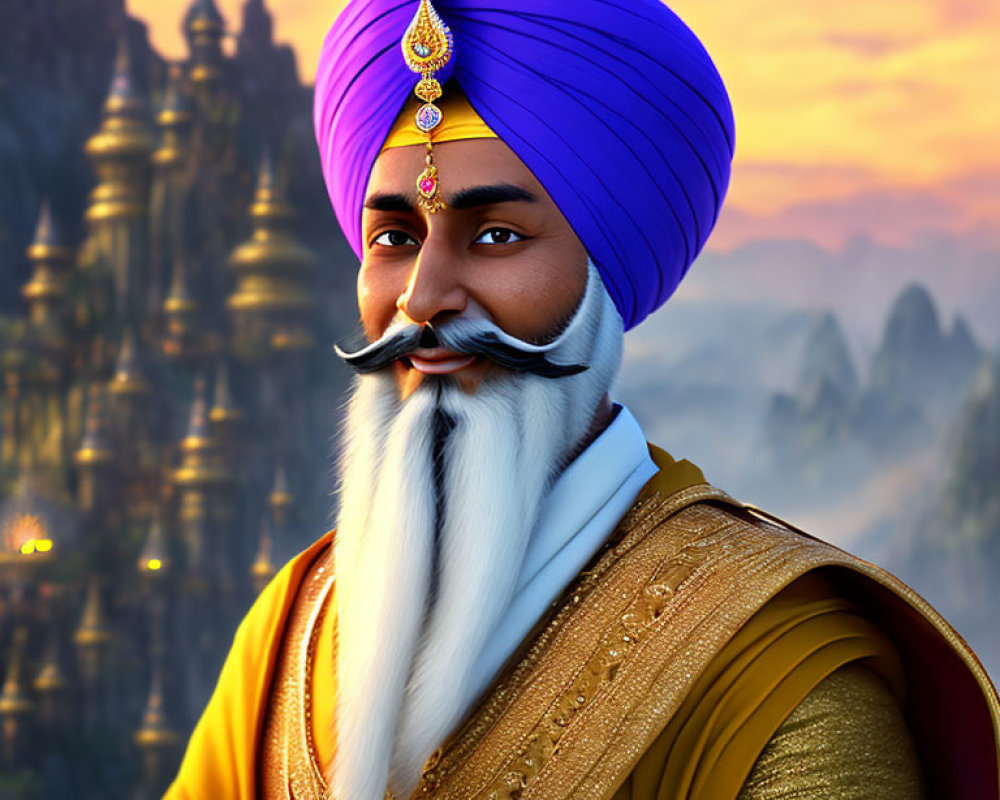 Vibrant purple turban and golden outfit on animated man in ornate setting