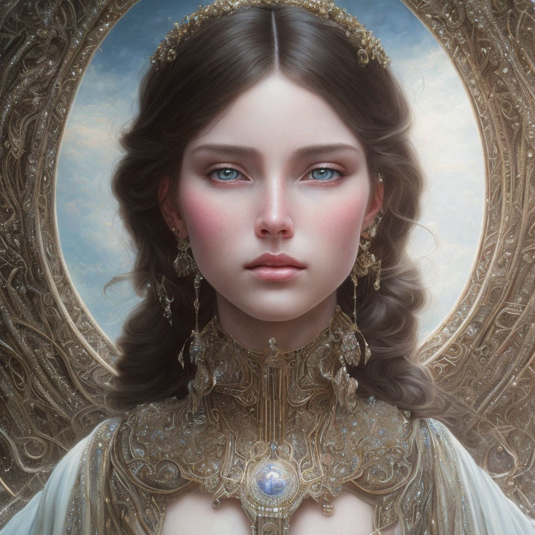 Portrait of woman with blue eyes and golden jewelry in circular frame