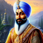 Vibrant purple turban and golden outfit on animated man in ornate setting