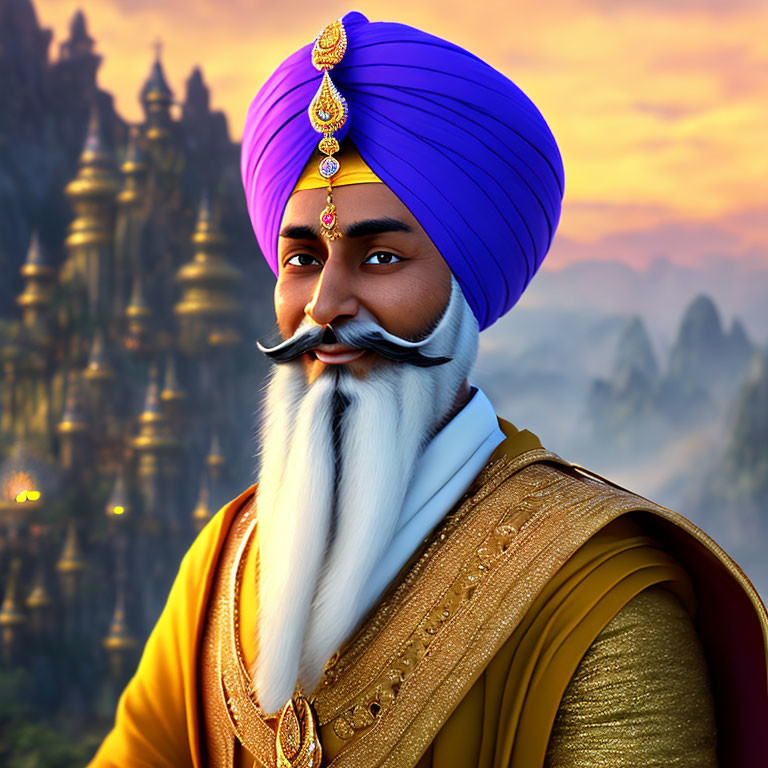 Vibrant purple turban and golden outfit on animated man in ornate setting