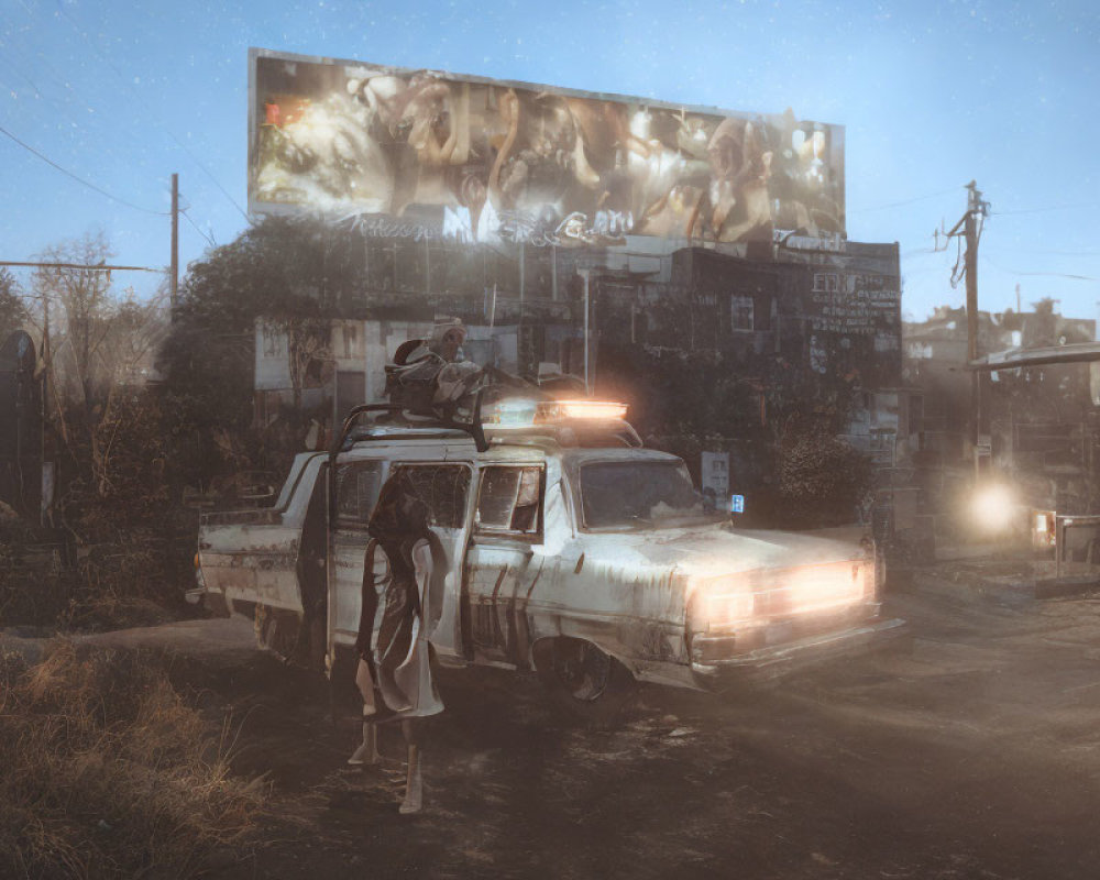 Post-apocalyptic scene: two people, dog, dilapidated car, faded billboard, ruins,