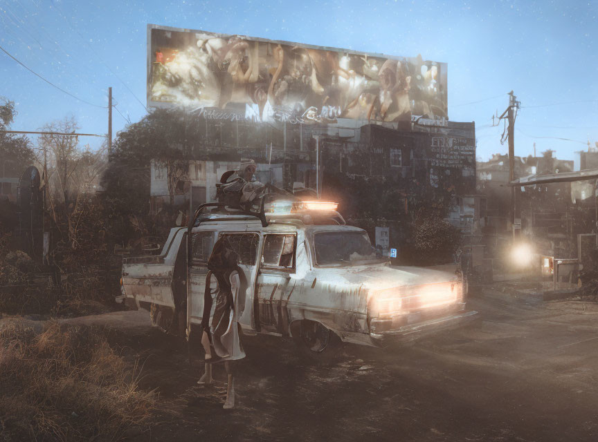 Post-apocalyptic scene: two people, dog, dilapidated car, faded billboard, ruins,