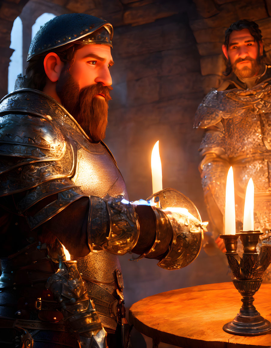 Armored medieval characters with candle in dimly lit stone room.