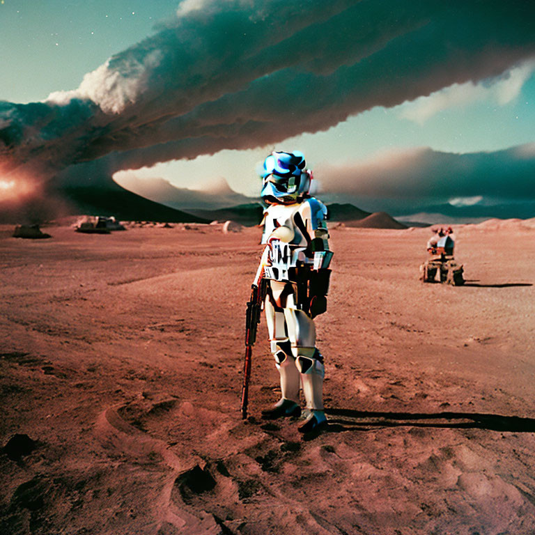 White and Blue Armored Figure on Barren Landscape with Dark Skies