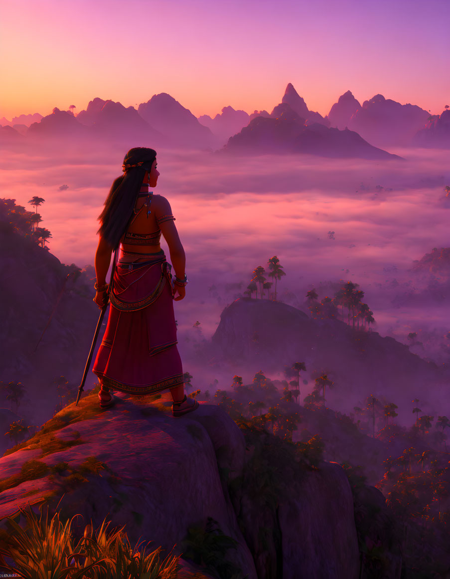 Animated woman on cliff at sunrise with misty valley and purple-orange sky