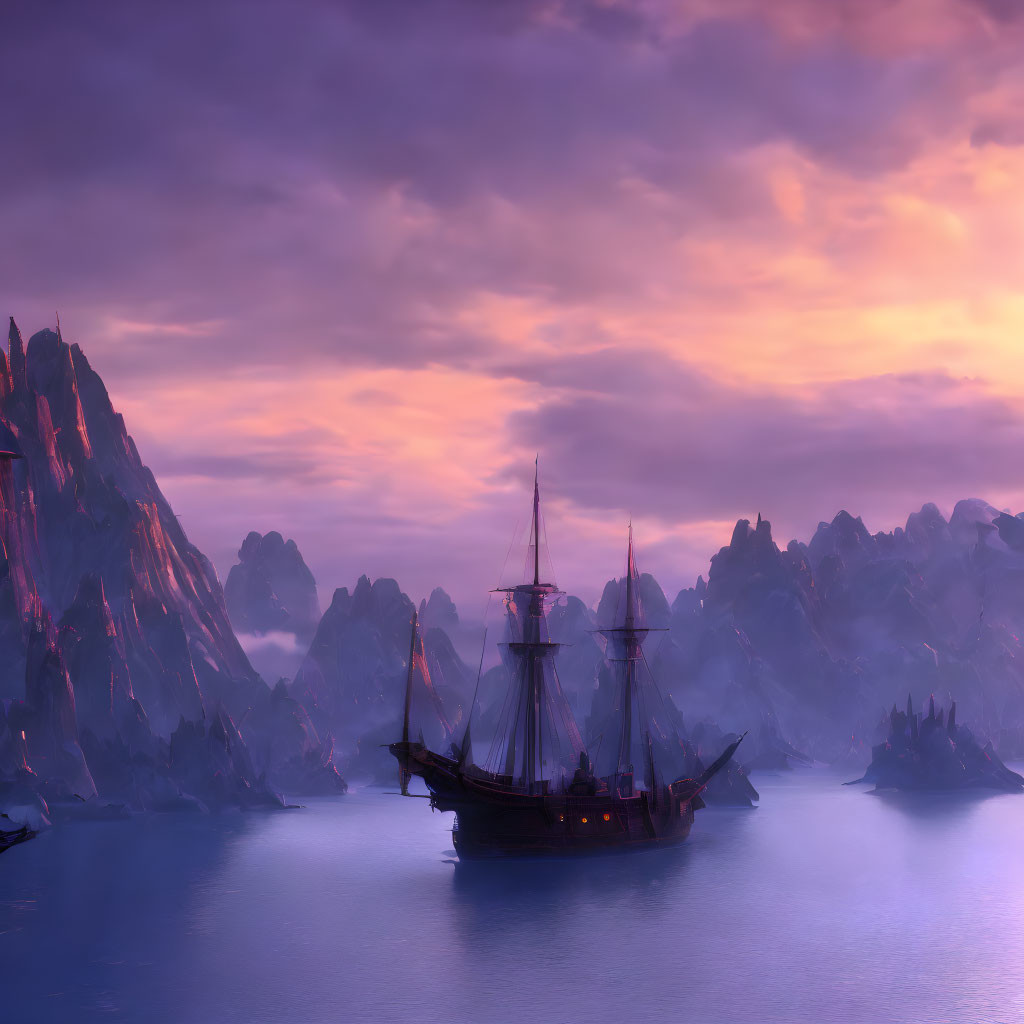 Classic sailing ship on calm waters at twilight with jagged rocks and purple-pink sky