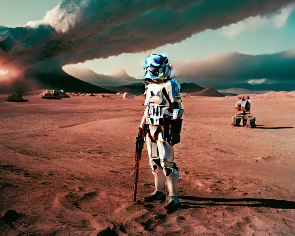 White and Blue Armored Figure on Barren Landscape with Dark Skies