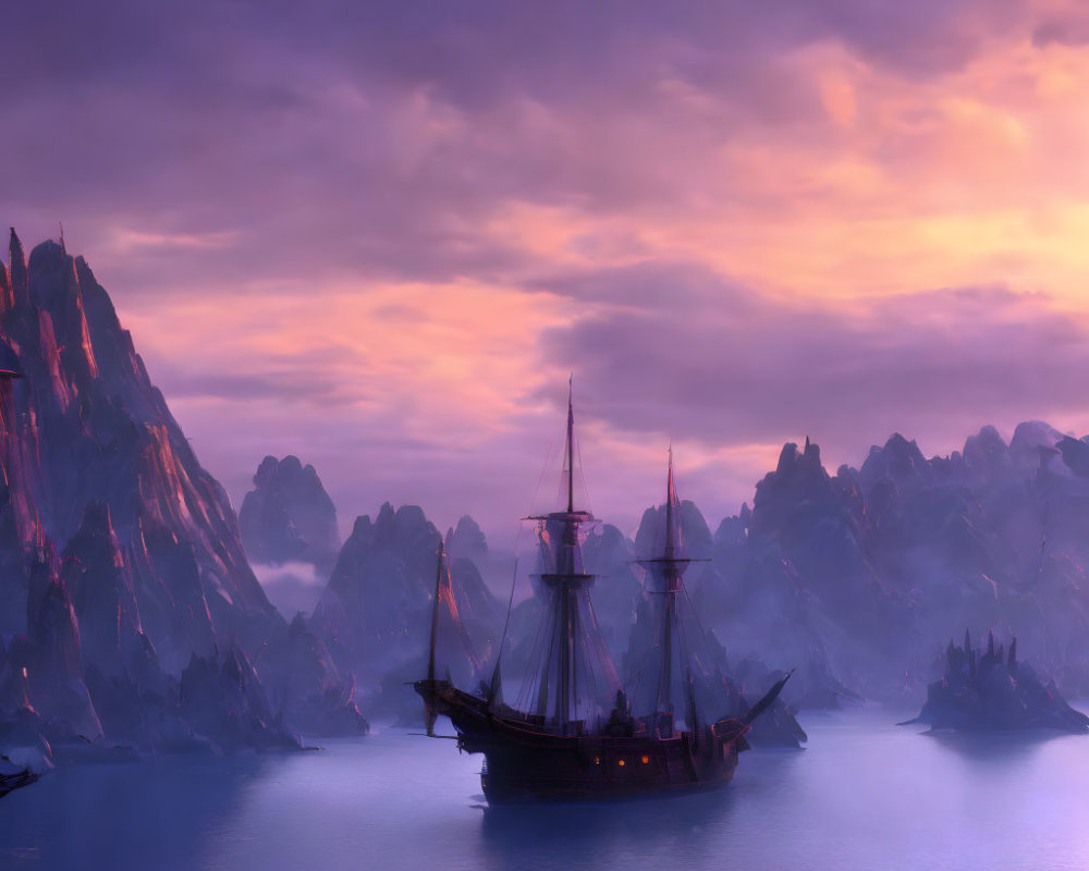 Classic sailing ship on calm waters at twilight with jagged rocks and purple-pink sky