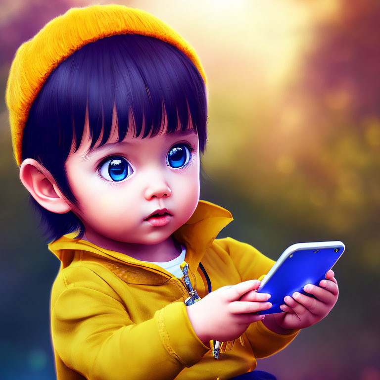 Child with Large Blue Eyes and Yellow Hat Holding Smartphone in Autumnal Digital Art