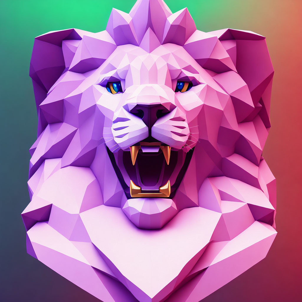 Colorful low-poly lion head art on gradient background