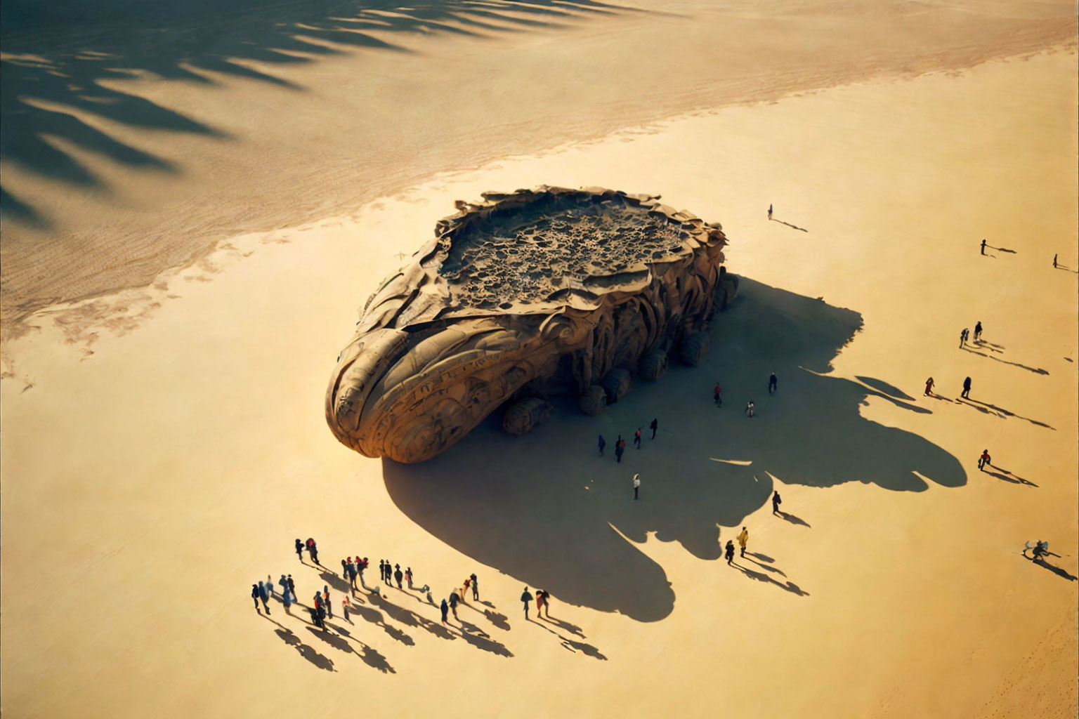 Crowd around human head rock sculpture on beach.