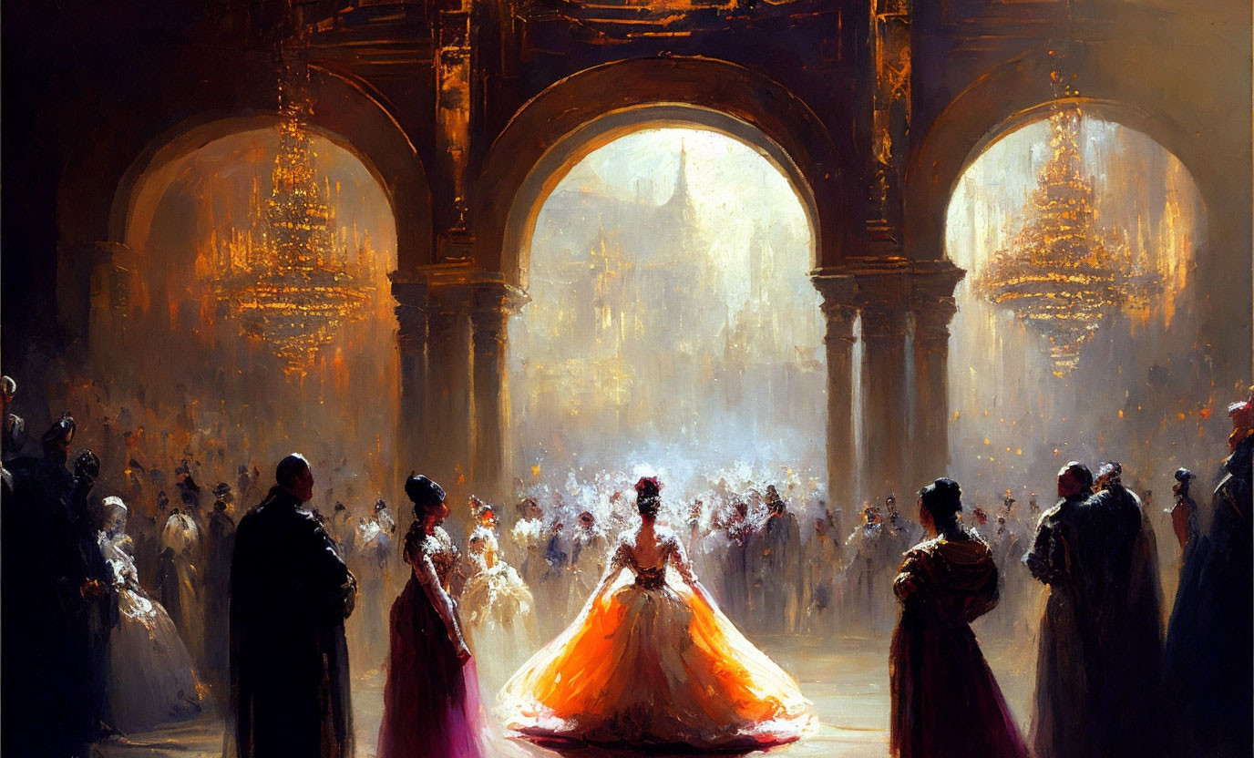 Ballroom scene with people in period attire, woman in orange dress under grand chandeliers.