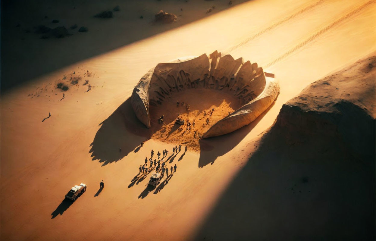 Group of People Exploring Sunlit Desert Crater