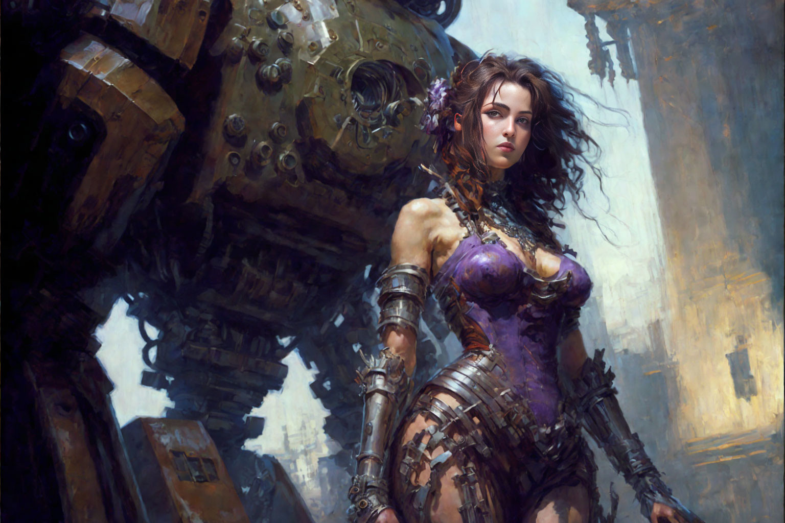 Digital art: Woman in intricate armor facing large mechanical construct