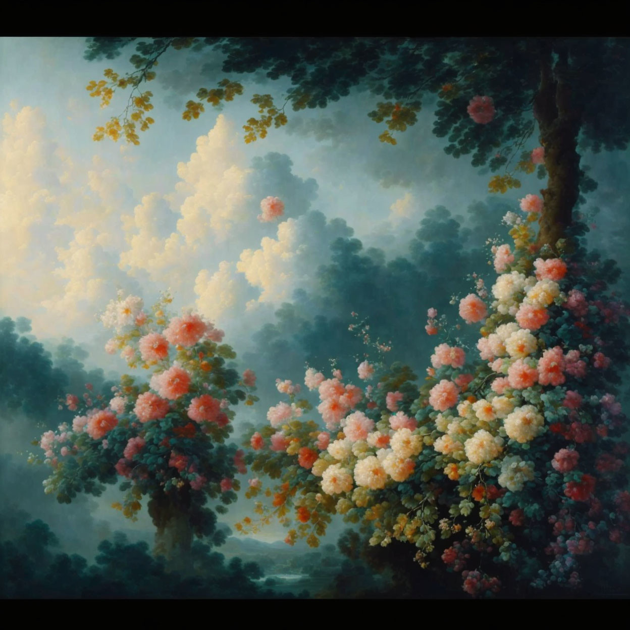 Vintage Painting: Lush Trees with Pink, White, and Cream Blossoms on Blue Sky