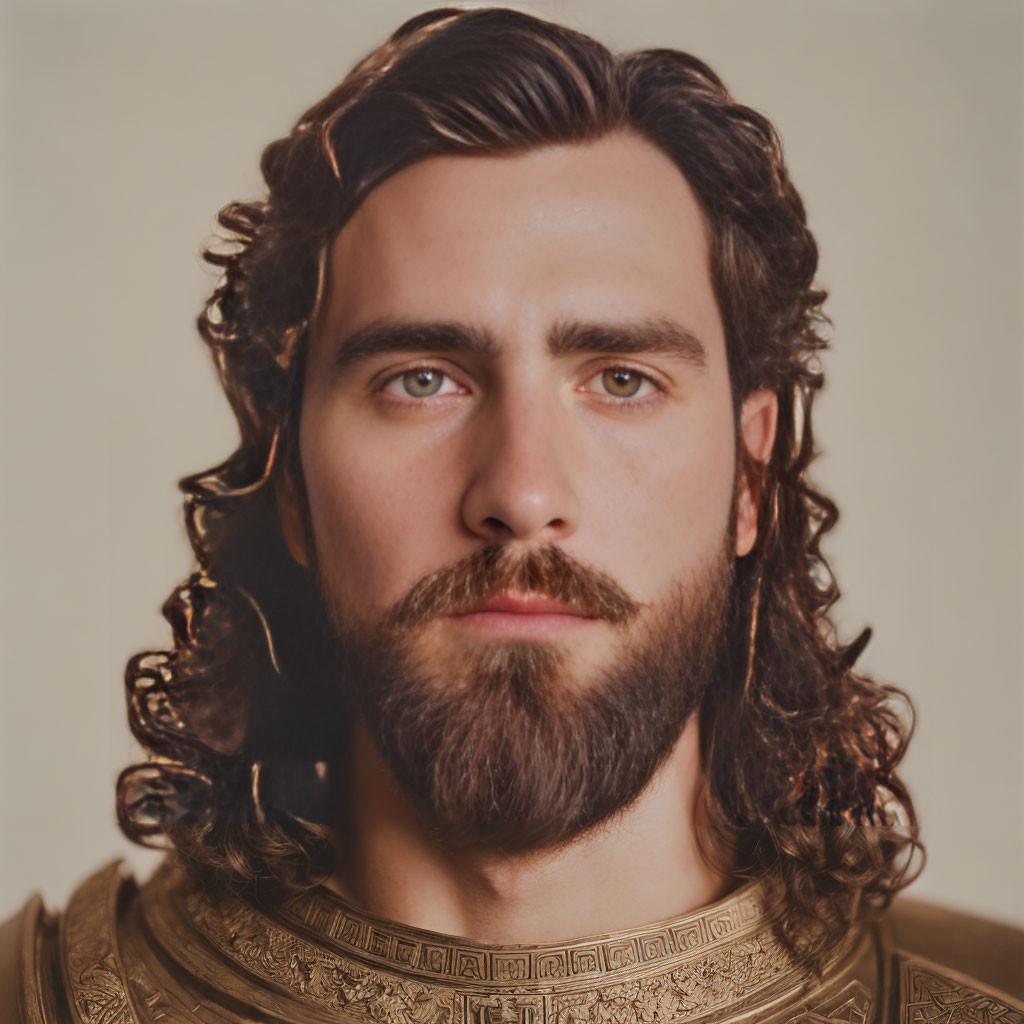 Curly-haired man in ornate armor with beard and mustache gazes at camera