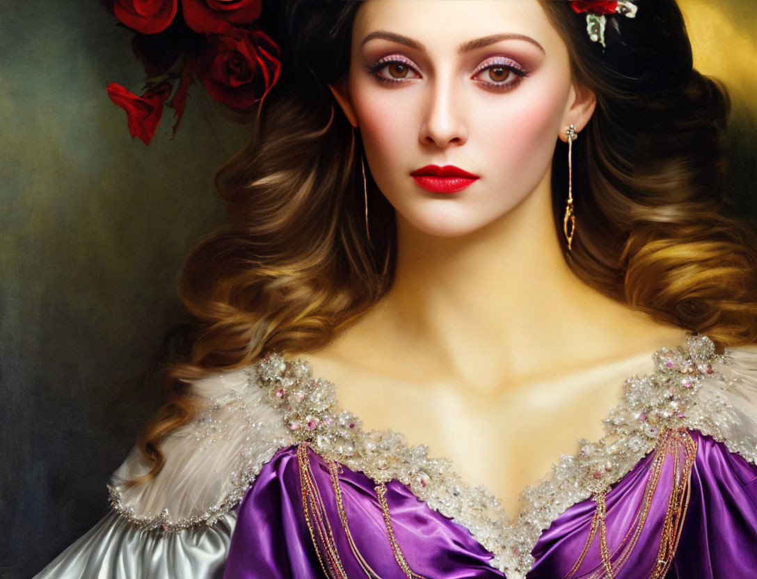 Digital portrait of a woman in purple satin dress with lace and gem details