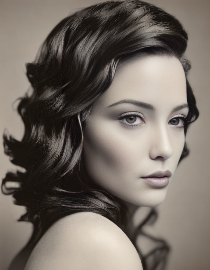 Sepia-Toned Portrait of Woman with Dark Wavy Hair and Soft Eyes