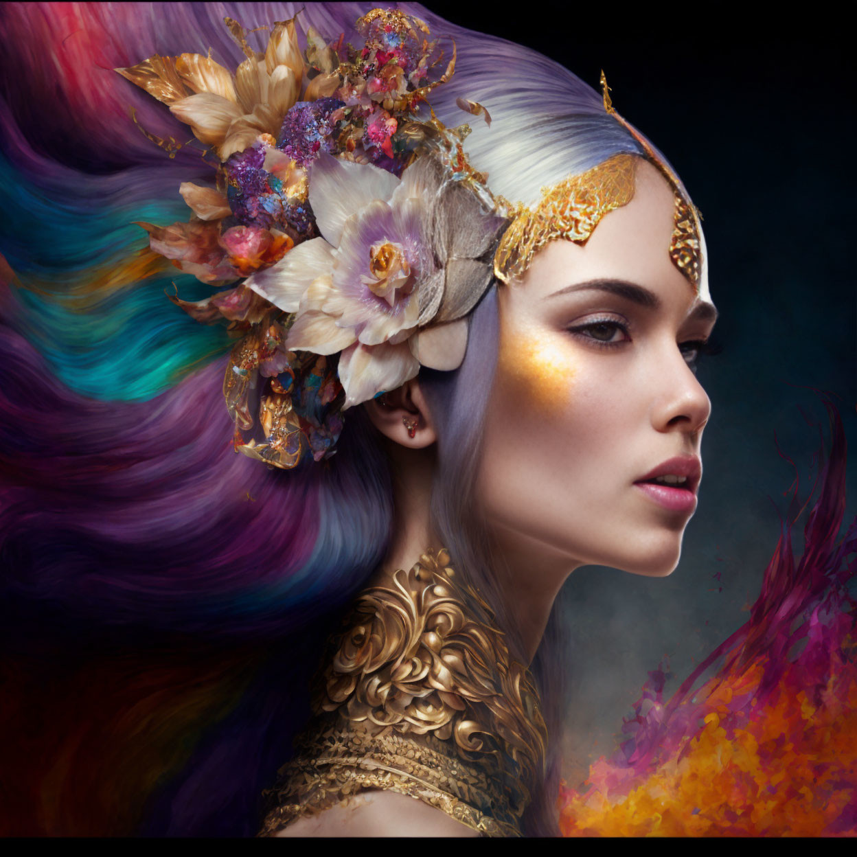 Fantasy-themed woman portrait with floral headpiece & colorful hair