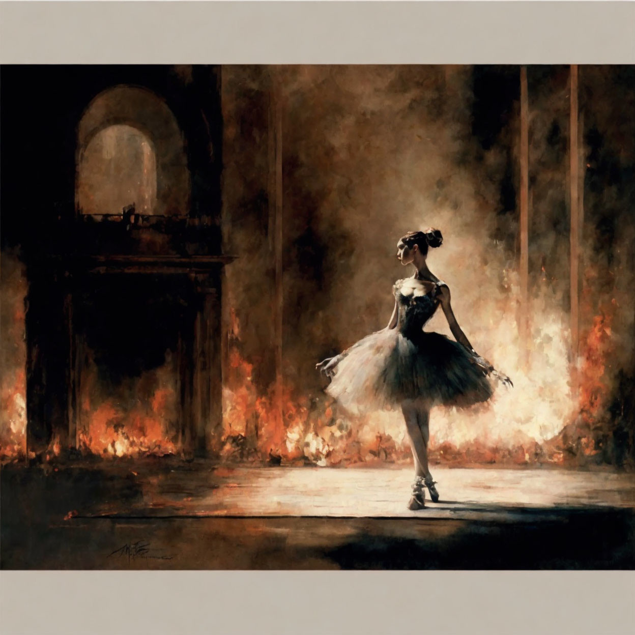 Ballerina in Tutu Surrounded by Flames on Stage