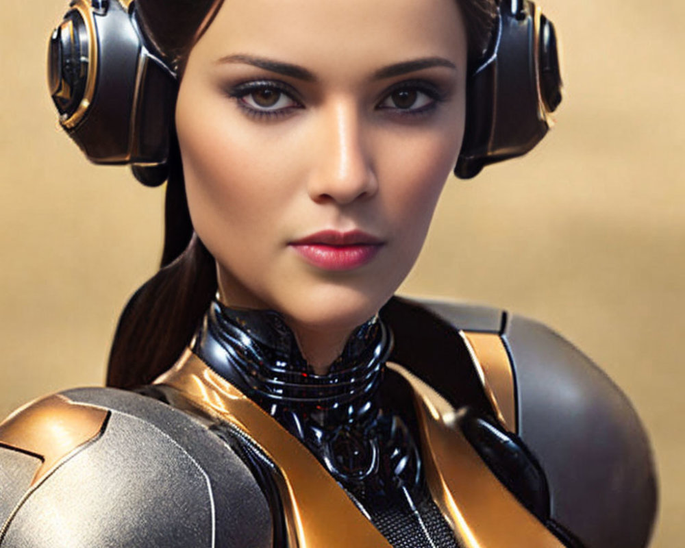 Sleek-haired woman in futuristic black and gold suit with armor-like shoulder pieces