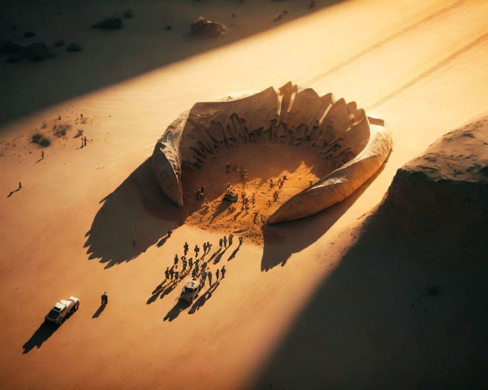 Group of People Exploring Sunlit Desert Crater