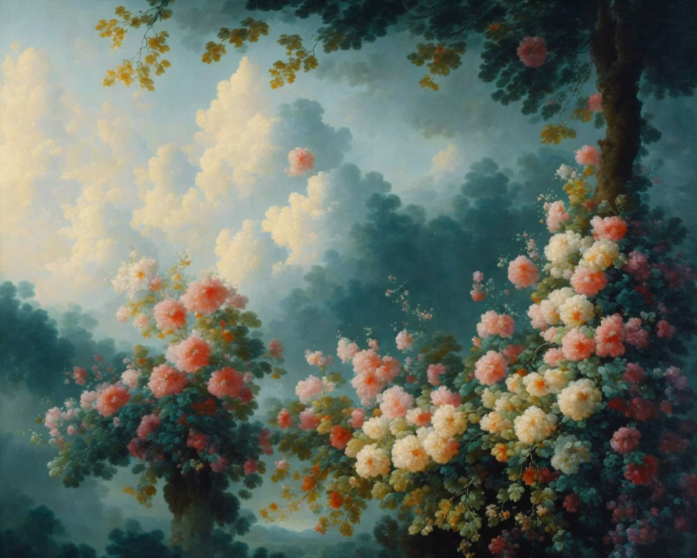 Vintage Painting: Lush Trees with Pink, White, and Cream Blossoms on Blue Sky