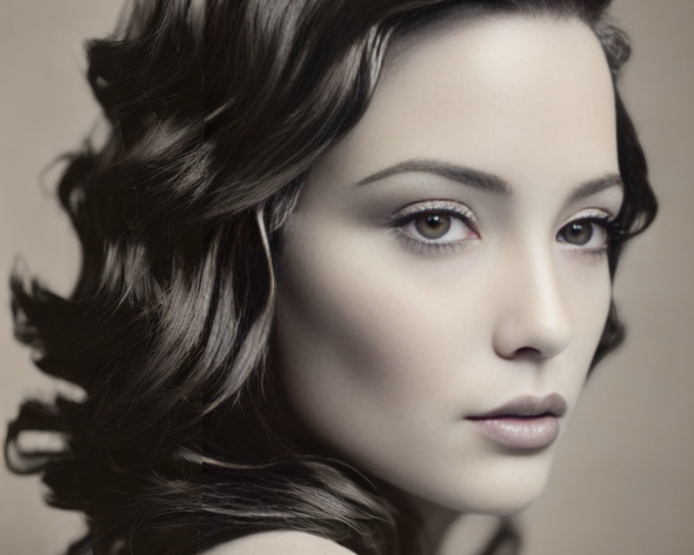 Sepia-Toned Portrait of Woman with Dark Wavy Hair and Soft Eyes