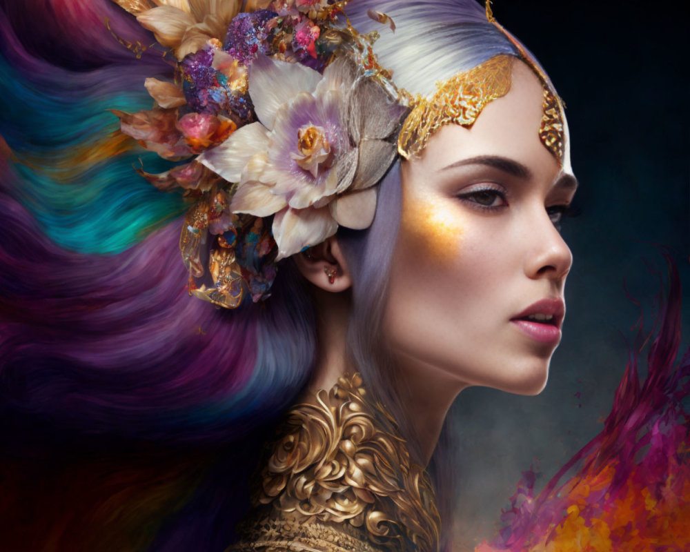 Fantasy-themed woman portrait with floral headpiece & colorful hair