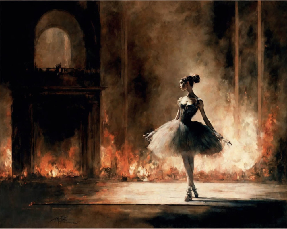 Ballerina in Tutu Surrounded by Flames on Stage