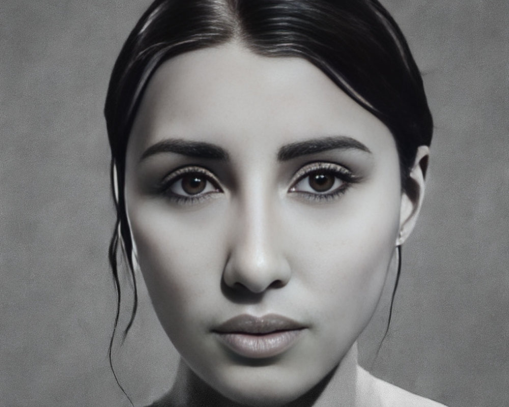 Grayscale portrait of woman with slicked-back dark hair and intense gaze against textured background