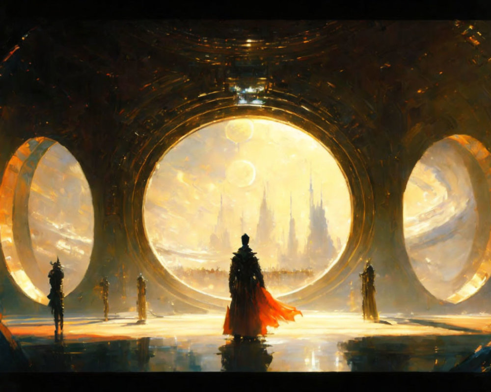 Silhouetted figure in red cape in futuristic cityscape chamber