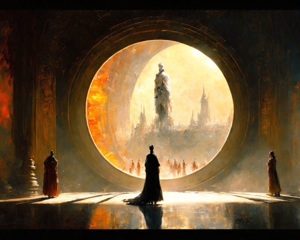 Robed Figures in Dark Chamber Gaze at Bright Cityscape Through Circular Portal