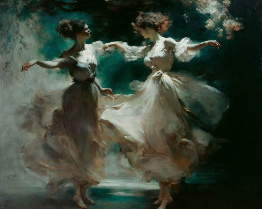 Ethereal women dancing in flowing dresses against dreamlike backdrop