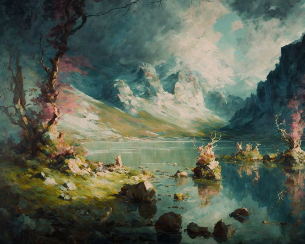 Mountain, lake, trees, atmospheric lighting, dramatic clouds