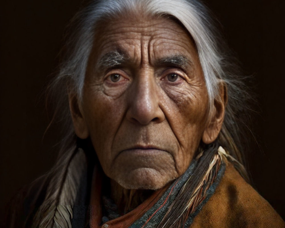 Elderly person with long gray hair and feathered adornment in brown garment