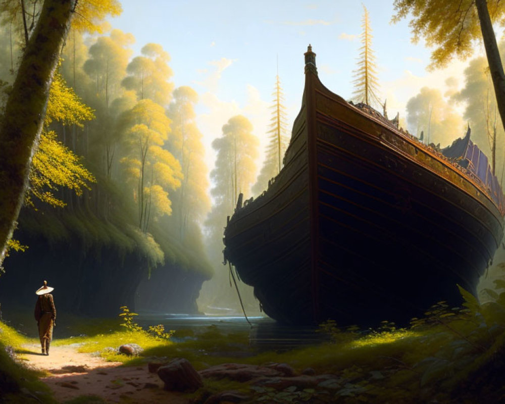 Person in hat gazes at ancient ship in sunlit forest clearing