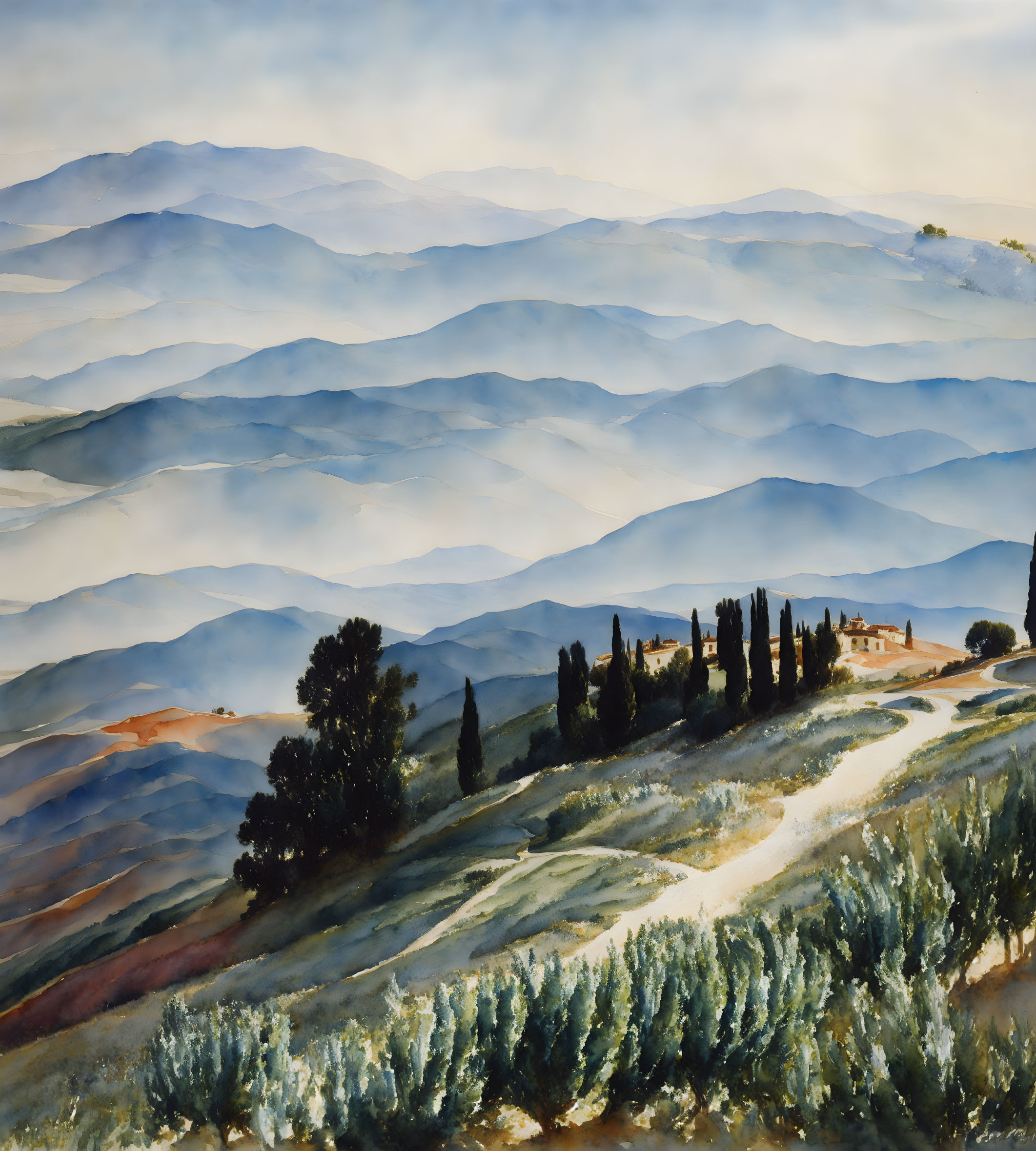 Serene landscape watercolor painting with rolling hills and blue mountains