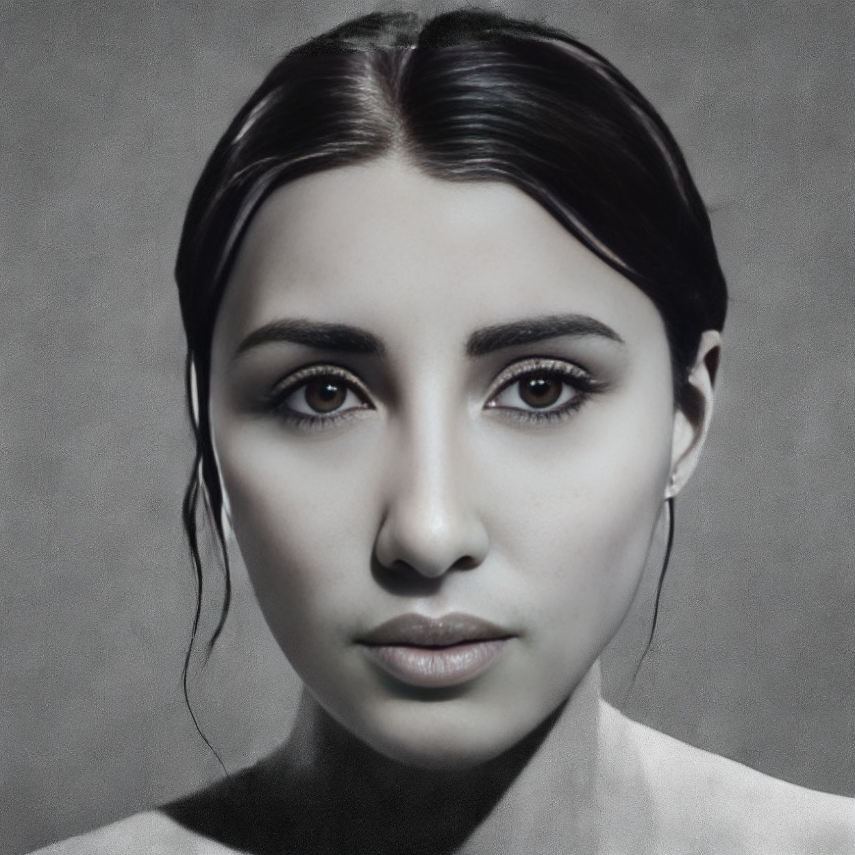 Grayscale portrait of woman with slicked-back dark hair and intense gaze against textured background